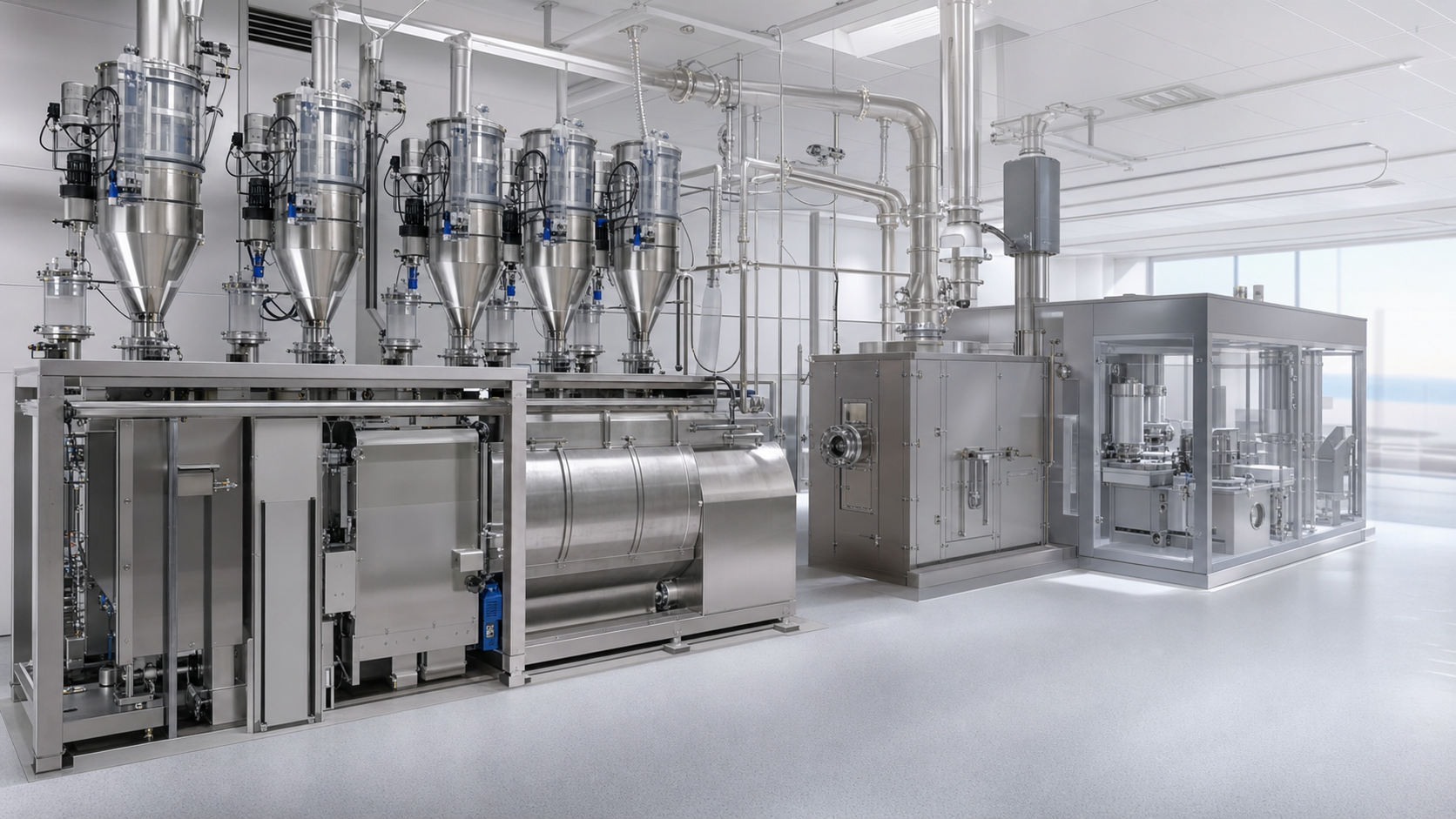 Photorealistic industrial process installation representing Pharmaceutical Continuous Manufacturing.