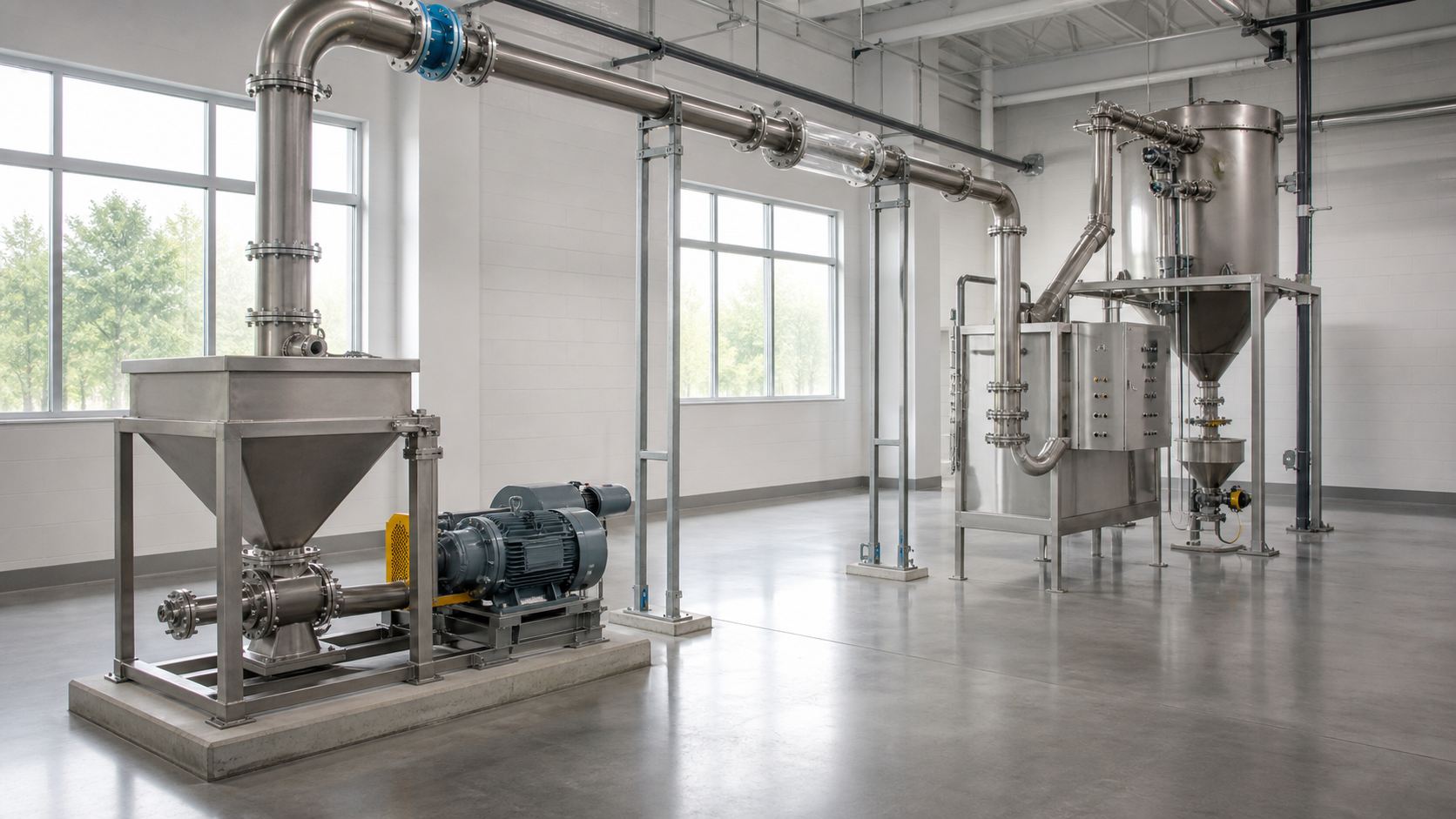 Photorealistic industrial process installation representing Pneumatic Conveying System Design.