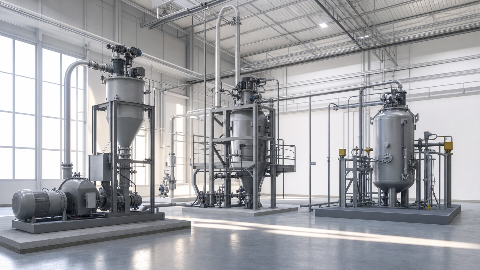 Photorealistic industrial process installation representing Pneumatic Conveying Systems.
