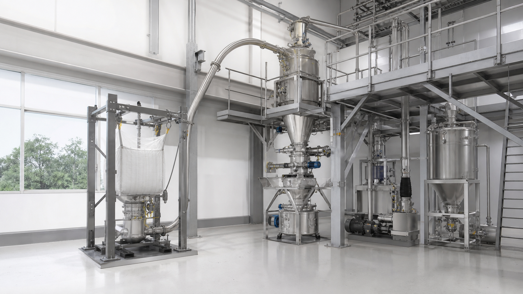 Photorealistic industrial process installation representing Powder Transfer Systems.