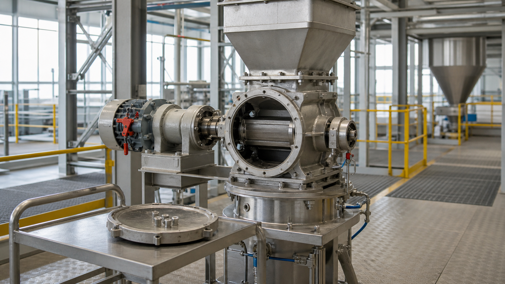 Photorealistic industrial process installation representing Rotary Airlock Troubleshooting.