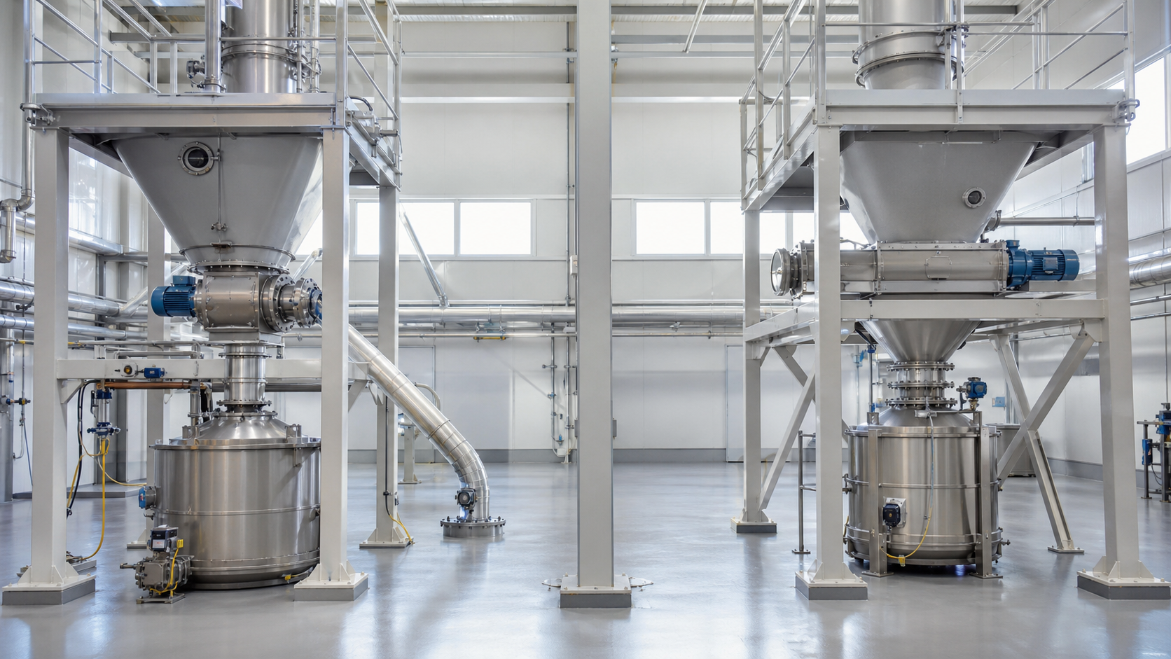 Photorealistic industrial process installation representing Rotary Valve vs Screw Feeder.