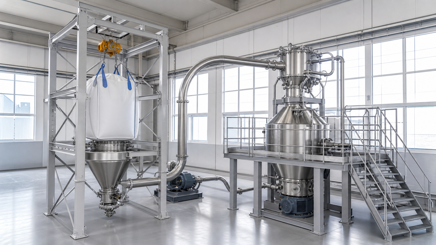 Photorealistic industrial process installation representing Vacuum Conveying from Bulk Bags.