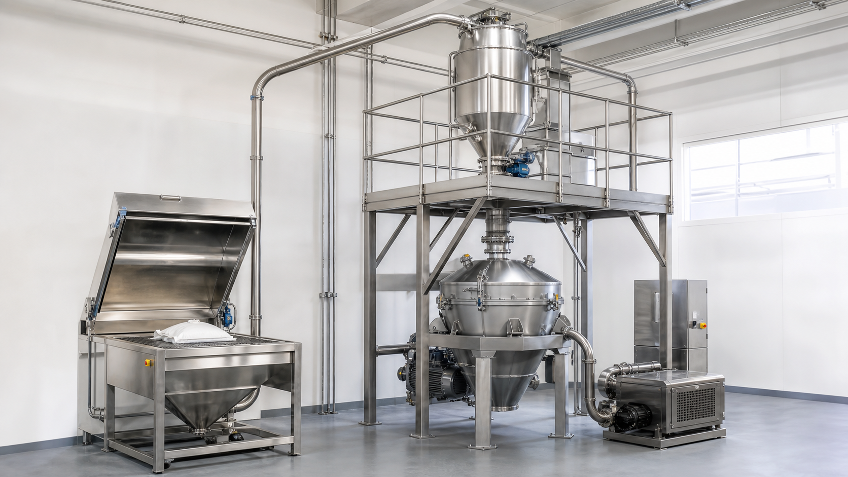 Photorealistic industrial process installation representing Vacuum Conveying.