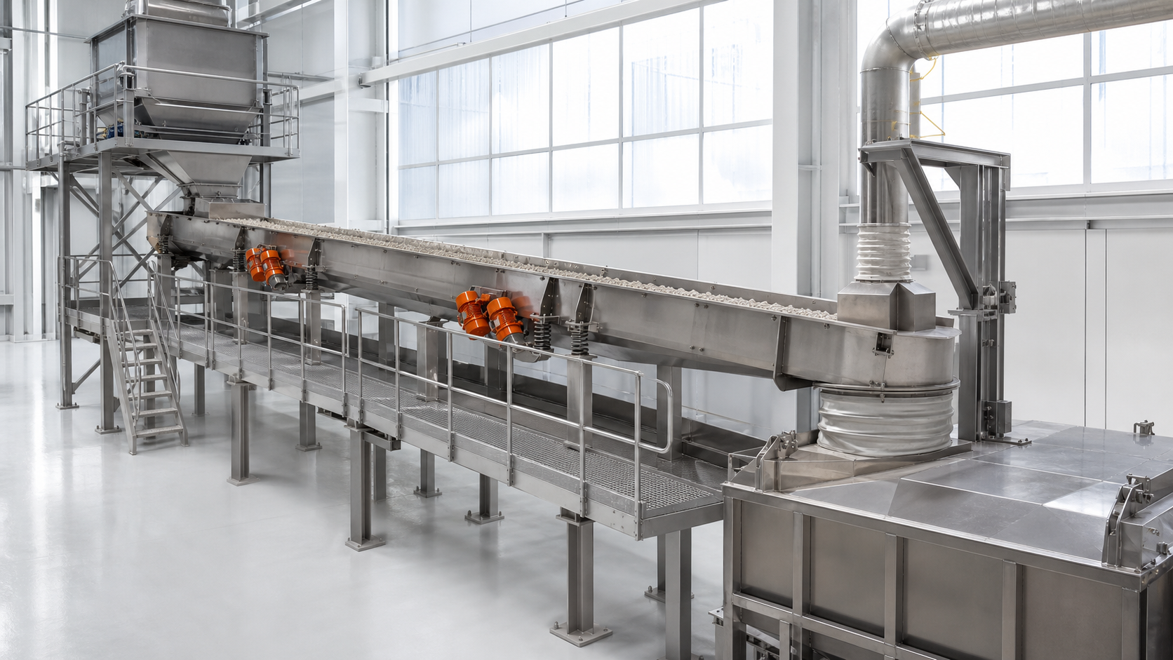 Photorealistic industrial process installation representing Vibrating Trough Conveyors.