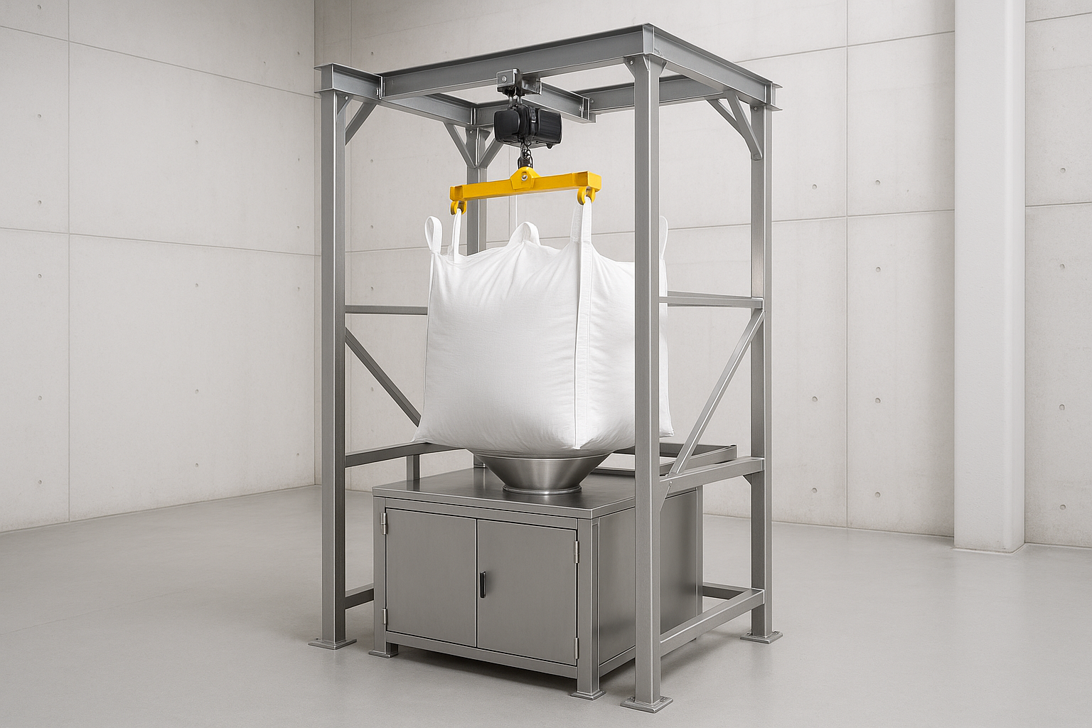 Bulk bag suspended in a discharge frame with hoist trolley and untying cabinet