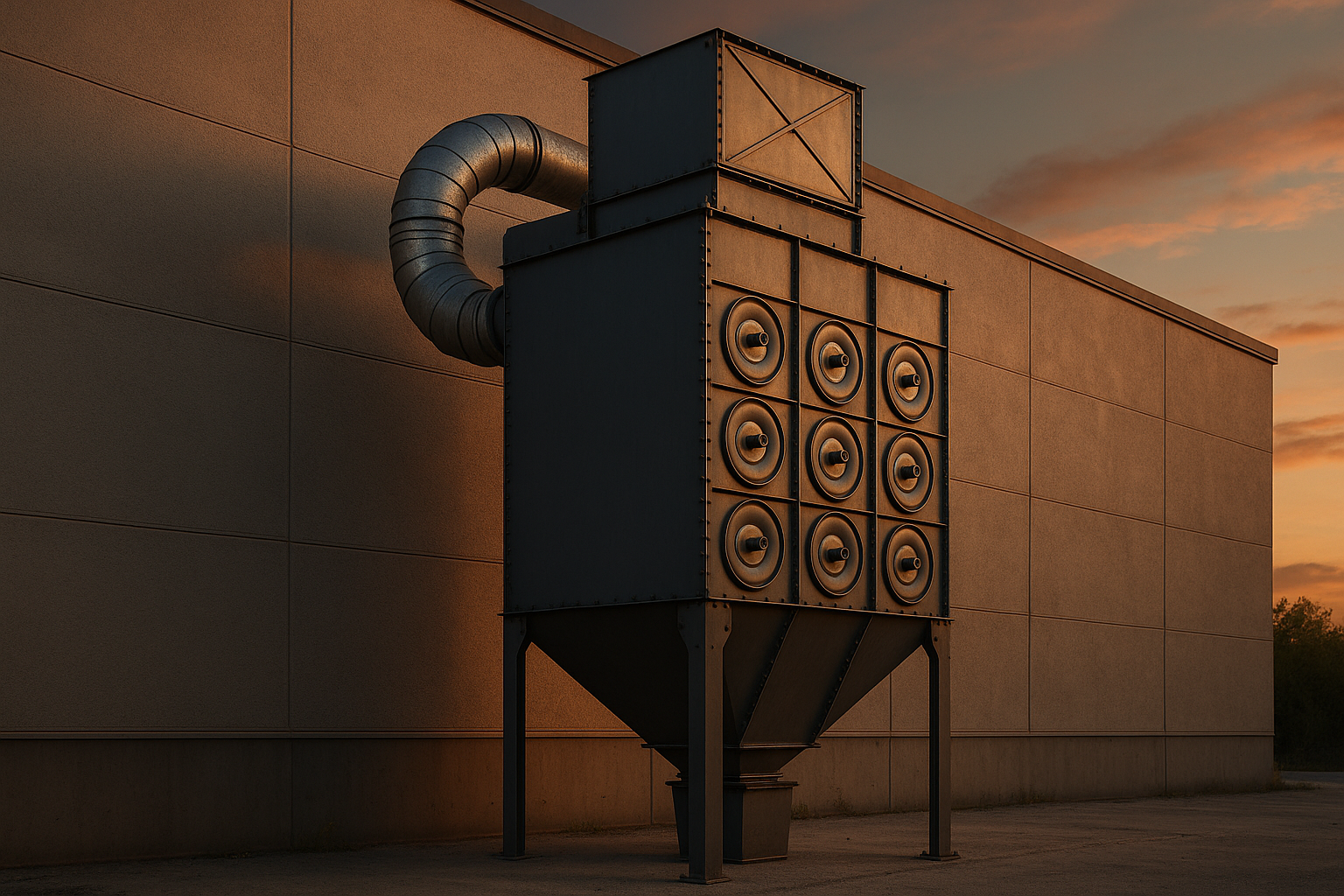 Cartridge dust collector with explosion vent and inlet ducting outside a plant