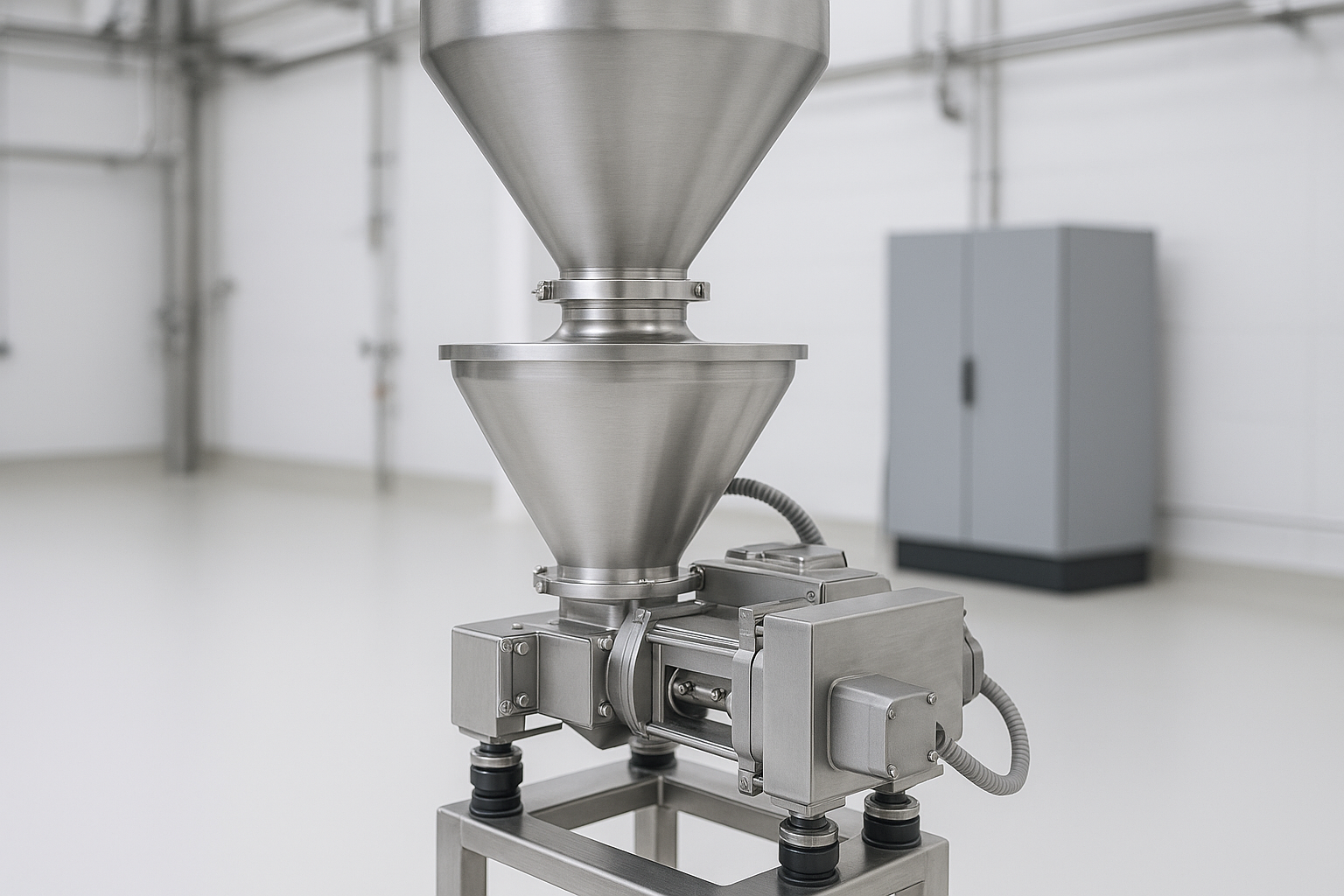 Twin-screw loss-in-weight feeder on load cells with refill hopper above
