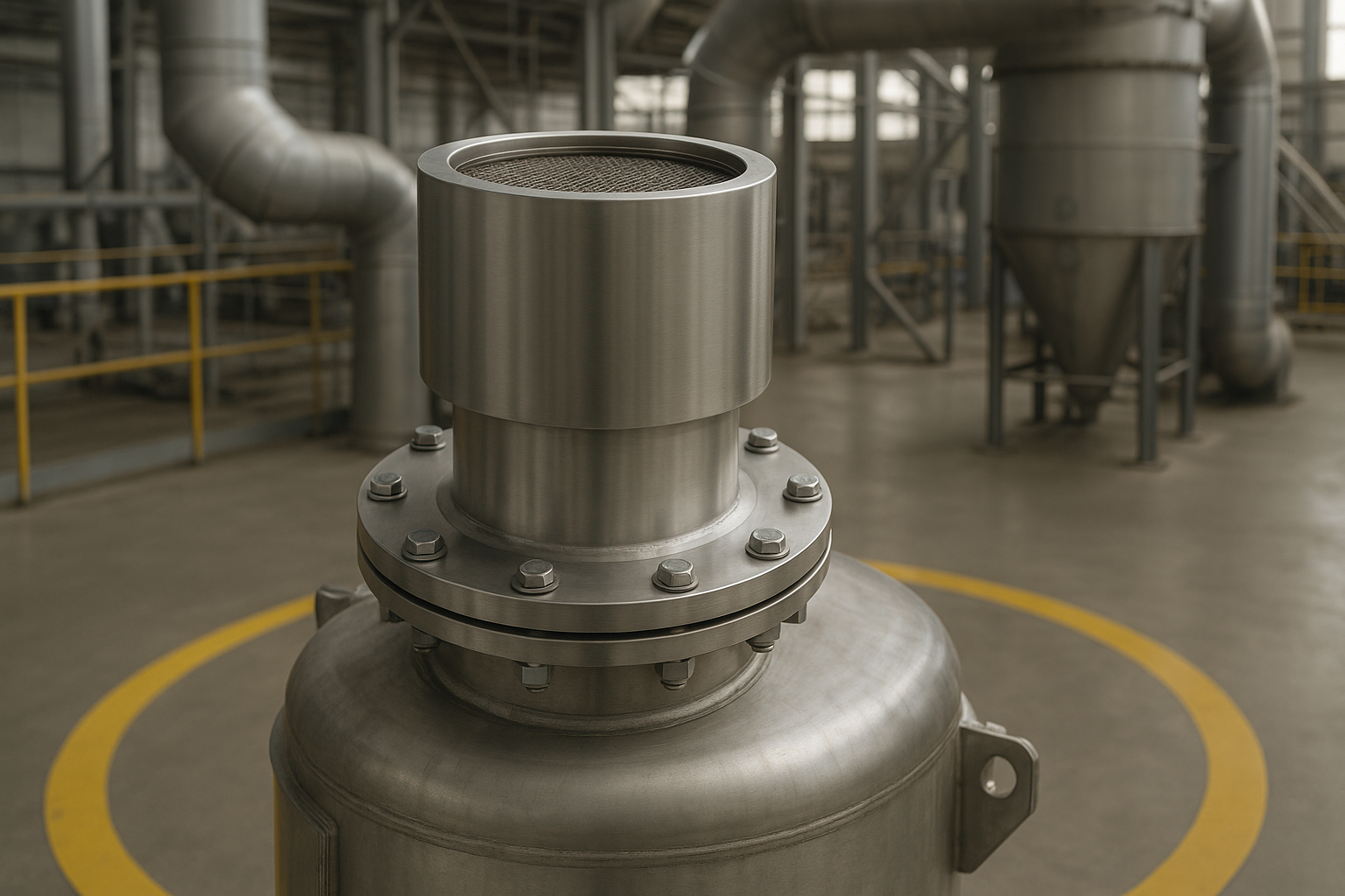 Flameless explosion venting device with flame-arresting mesh mounted on an indoor vessel flange with clearance zone marking