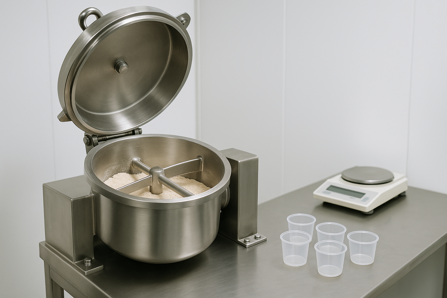 Paddle mixer with blended powder and sampling cups in an engineering trial room