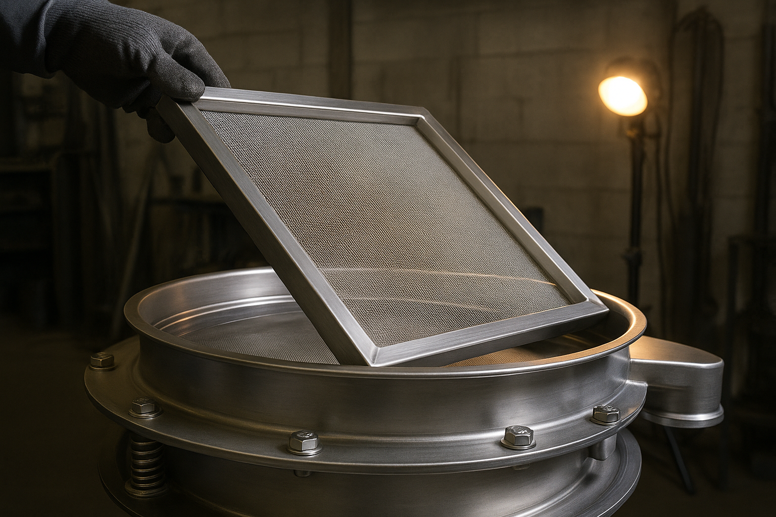 Fine woven mesh screen frame lifted from a gyratory screener during a change