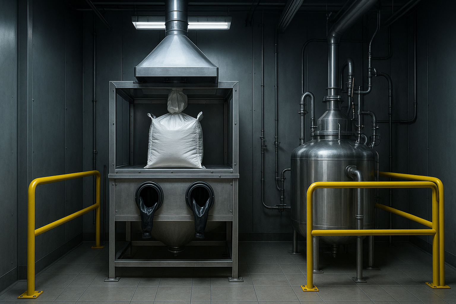Closed big-bag discharge station charging a reactor in a chemical plant