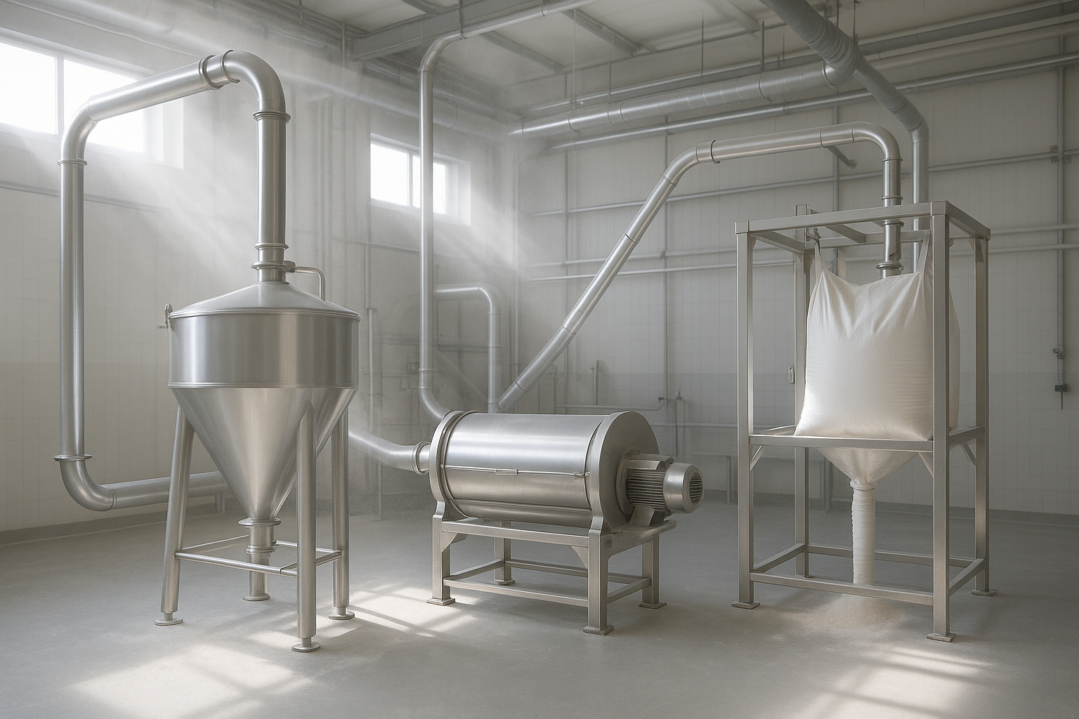 Stainless steel powder handling line with sifter and bulk bag unloader in a food plant