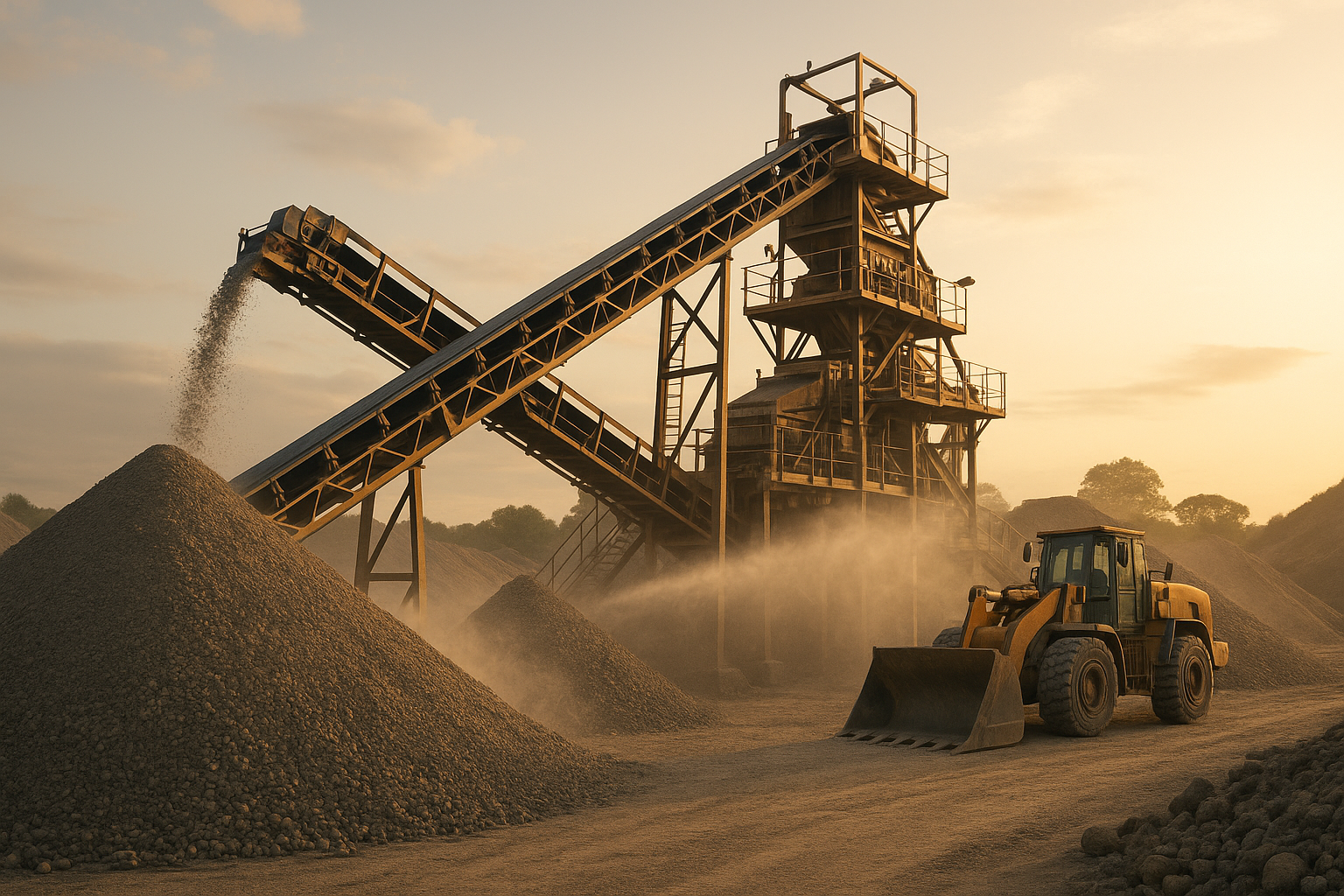 Belt conveyor and screening tower with ore stockpiles at a mineral processing site
