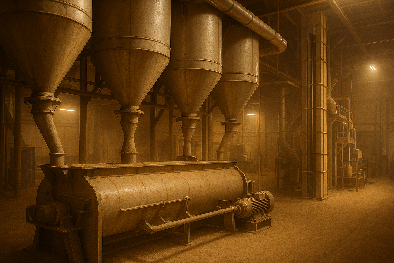 Batching hoppers and paddle mixer inside an animal feed mill