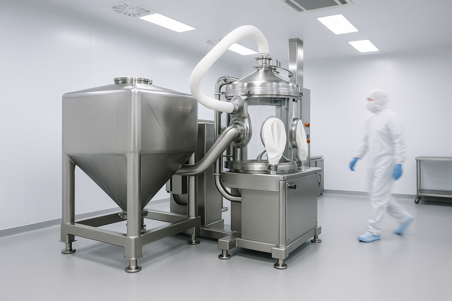 Contained IBC blending and powder transfer station in a pharmaceutical cleanroom