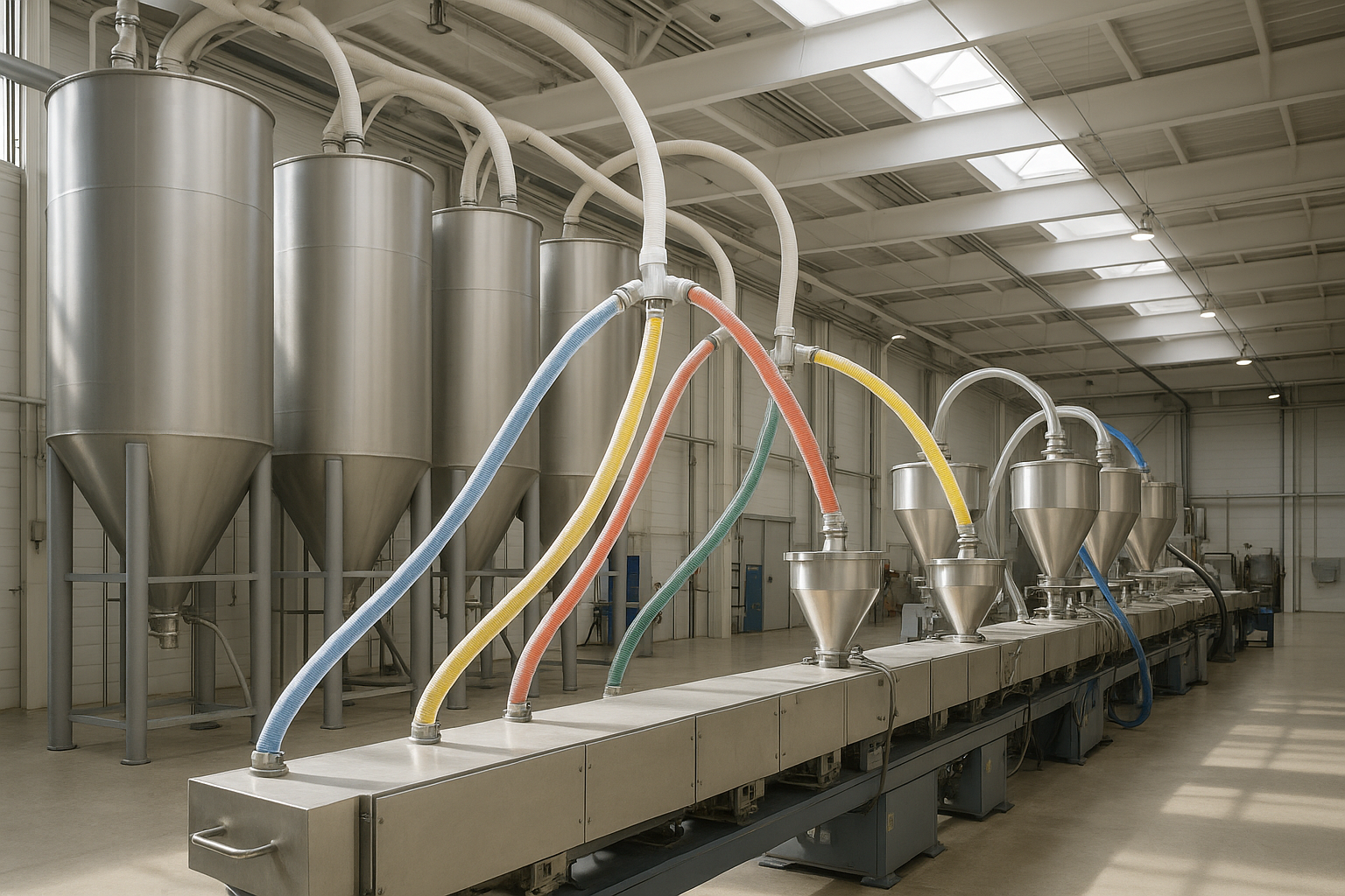 Resin silos and pneumatic conveying lines feeding extruder hoppers in a plastics plant