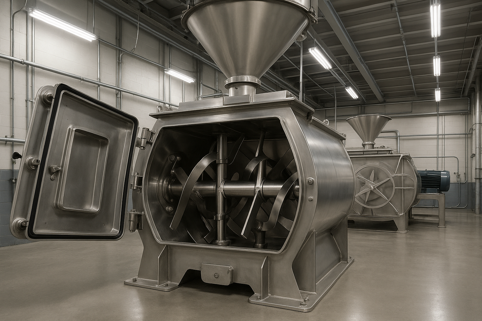 Twin-shaft paddle mixer and ribbon blender in an industrial mixing plant