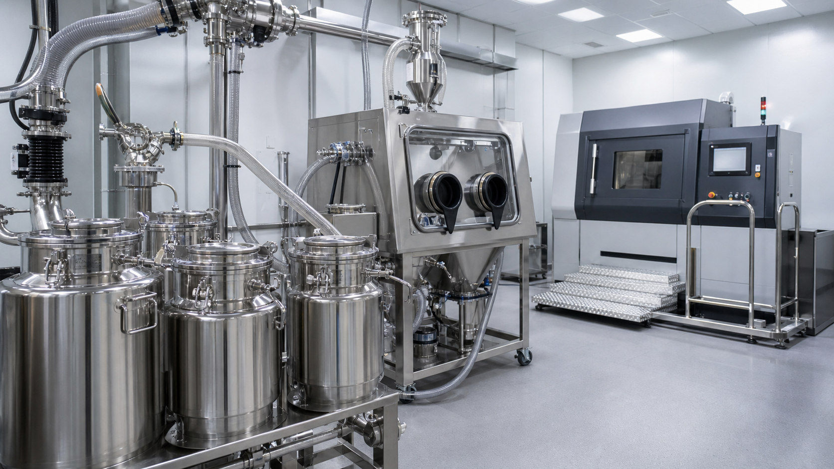Editorial illustration of enclosed metal powder handling equipment beside an additive manufacturing system