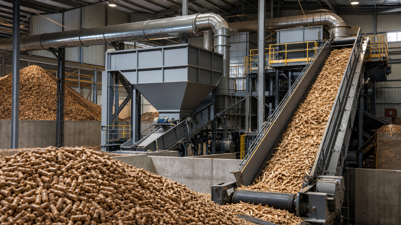 Editorial illustration of wood chips and pellets moving through bulk handling equipment in a biomass processing plant