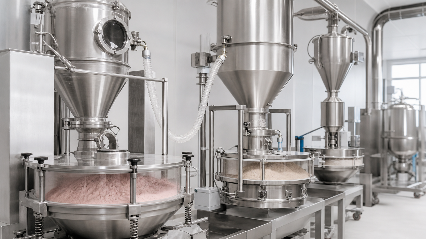 Generic editorial illustration of hygienic powder handling equipment in cosmetics manufacturing