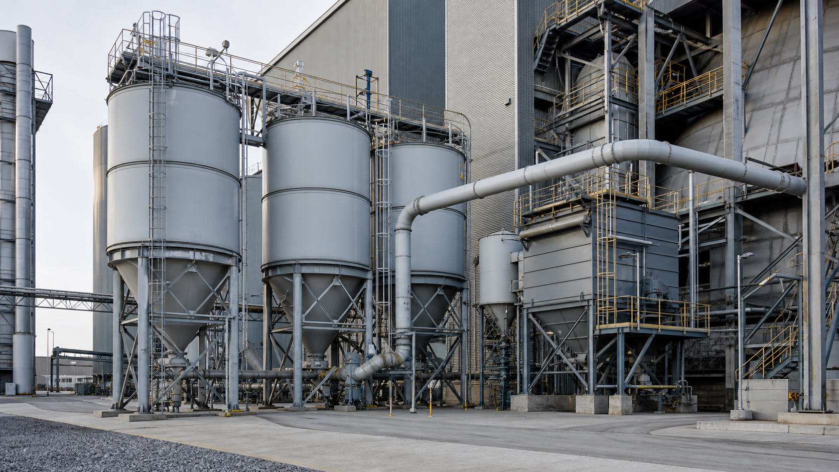 Generic editorial illustration of bulk-material handling equipment at an energy and power facility