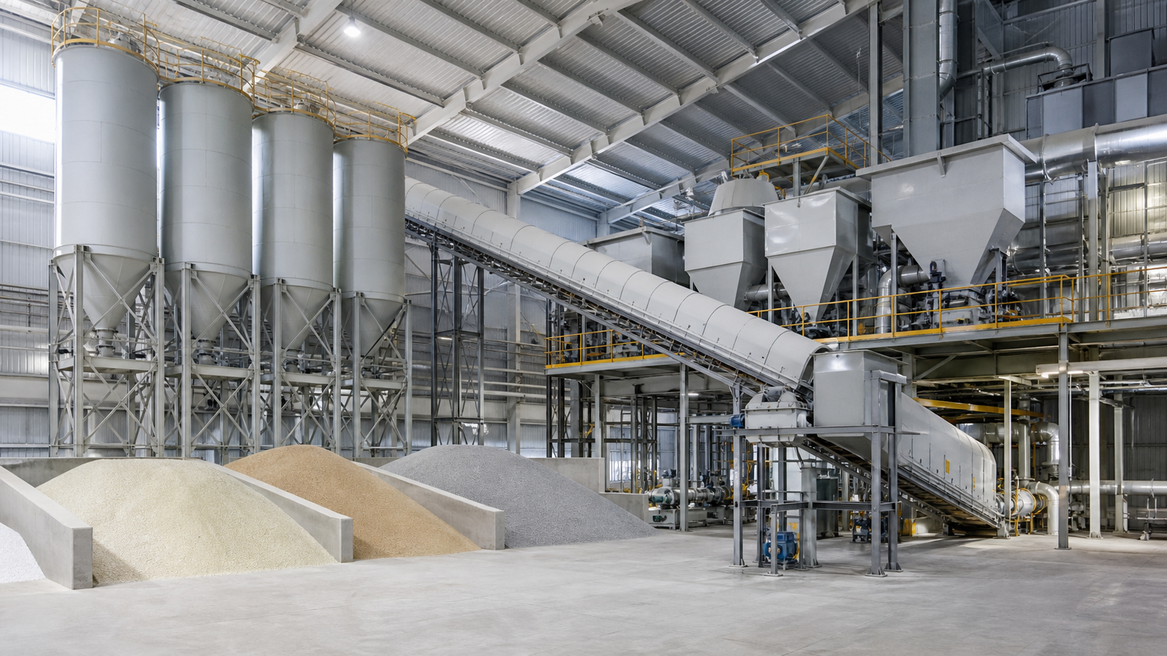Generic editorial illustration of mineral batching and bulk-material handling equipment in glass manufacturing