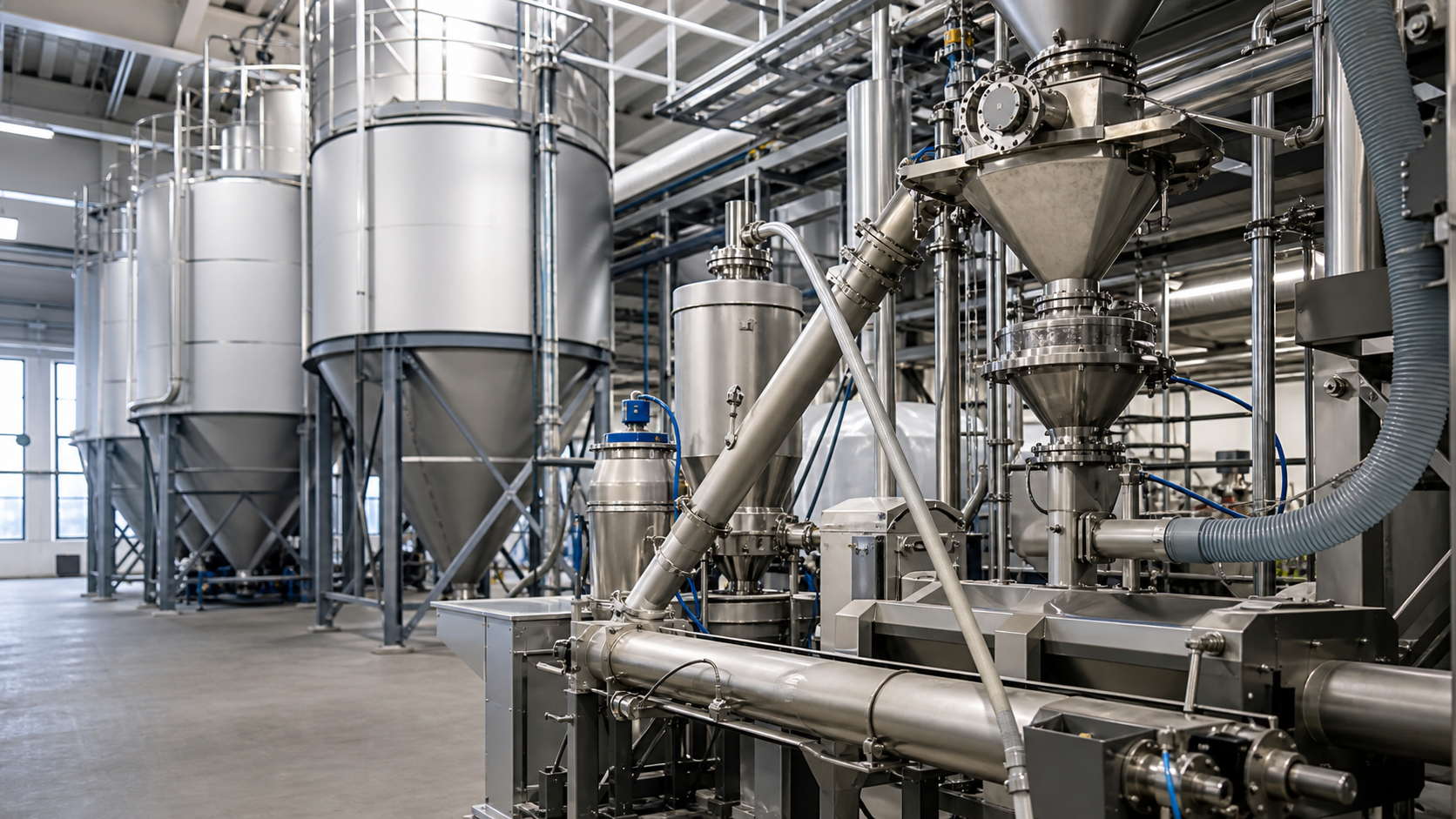 Generic editorial illustration of enclosed bulk-solids handling equipment in a petrochemical facility