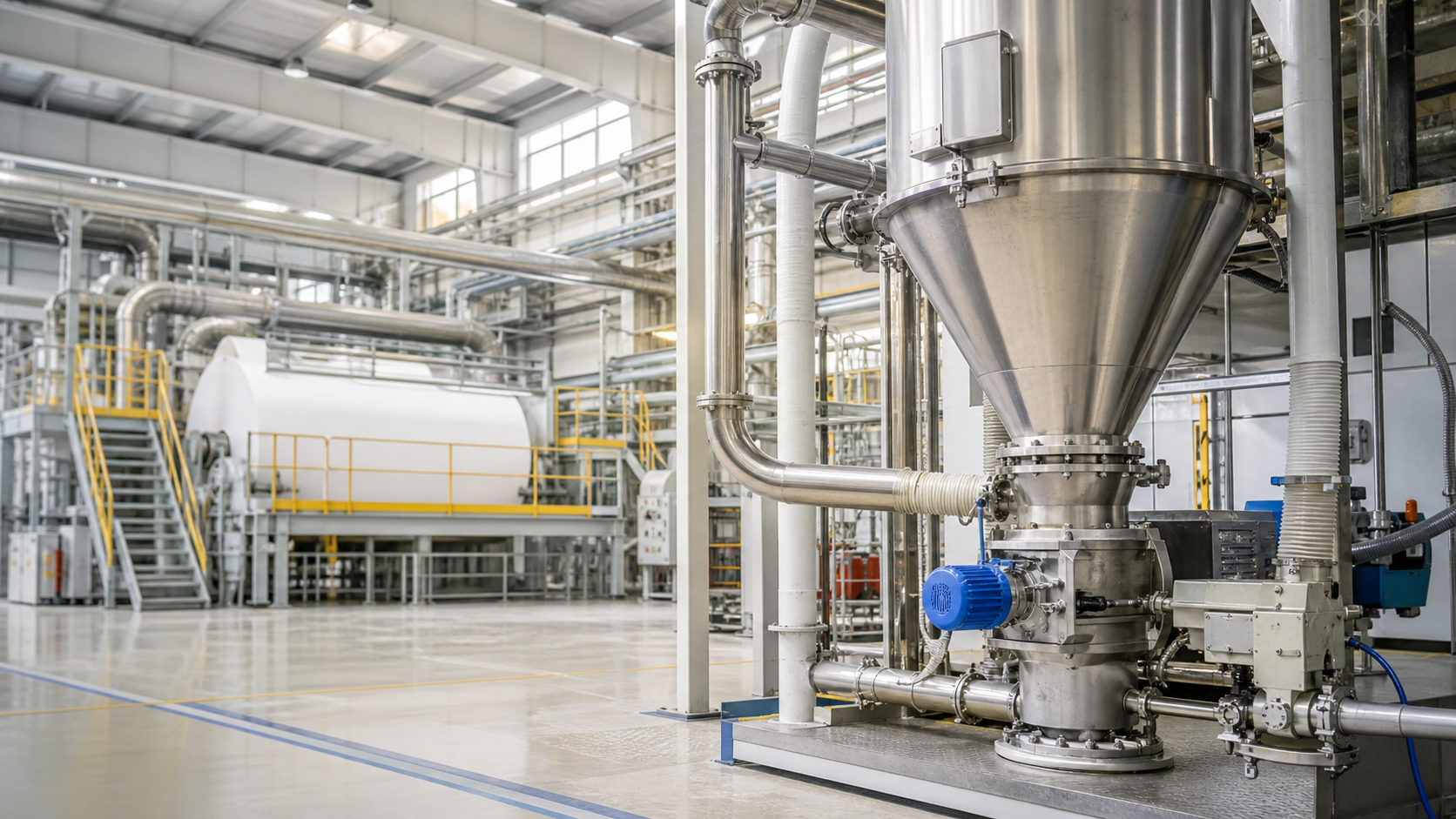 Generic editorial illustration of fibrous and powder additive handling equipment in a pulp and paper mill