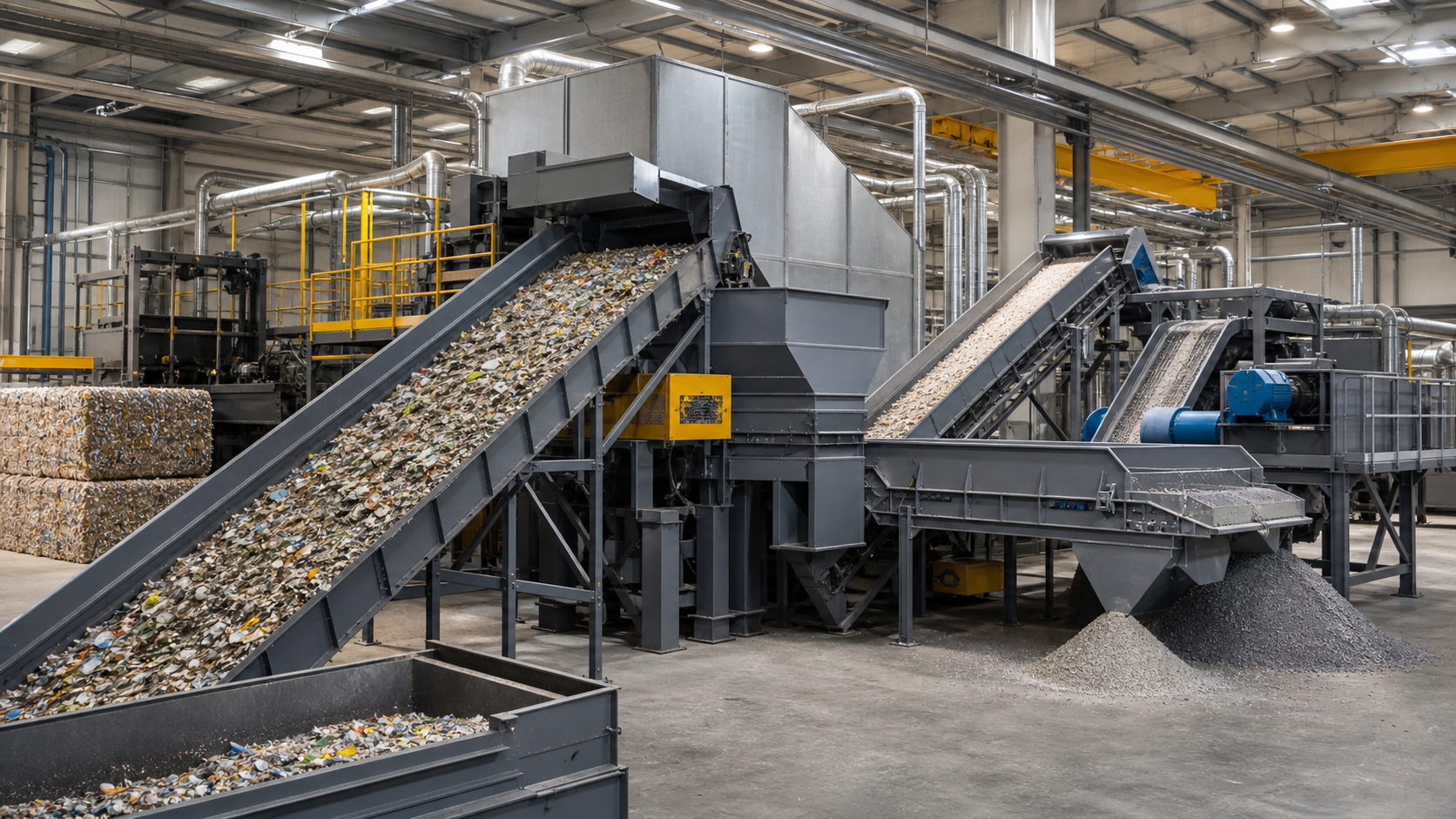 Editorial illustration of conveying, sorting and size-reduction equipment in a recycling and waste processing plant
