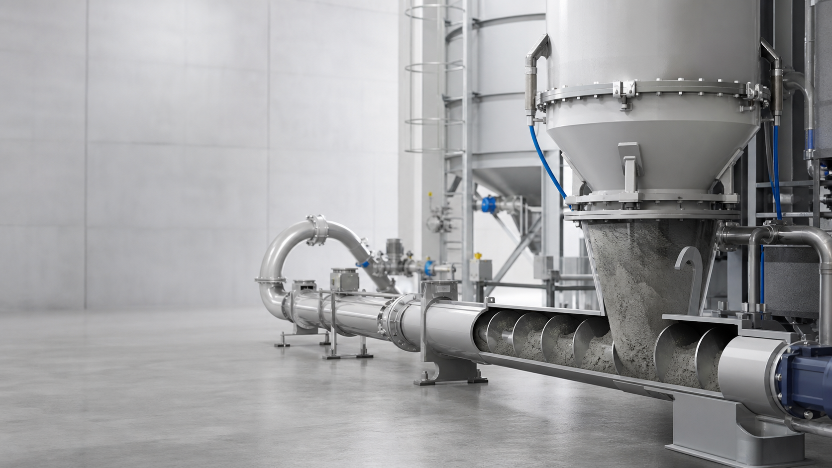 Editorial illustration of dry cement powder feeding from a hopper into enclosed conveying equipment