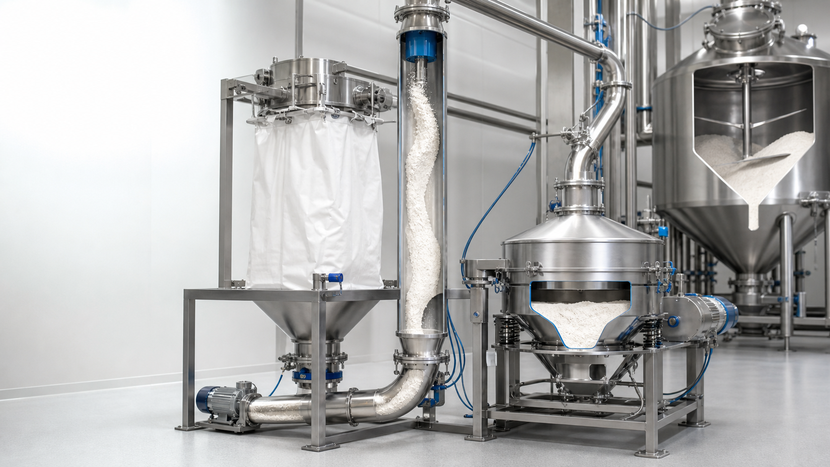 Editorial illustration of flour moving through enclosed conveying, screening and mixing equipment