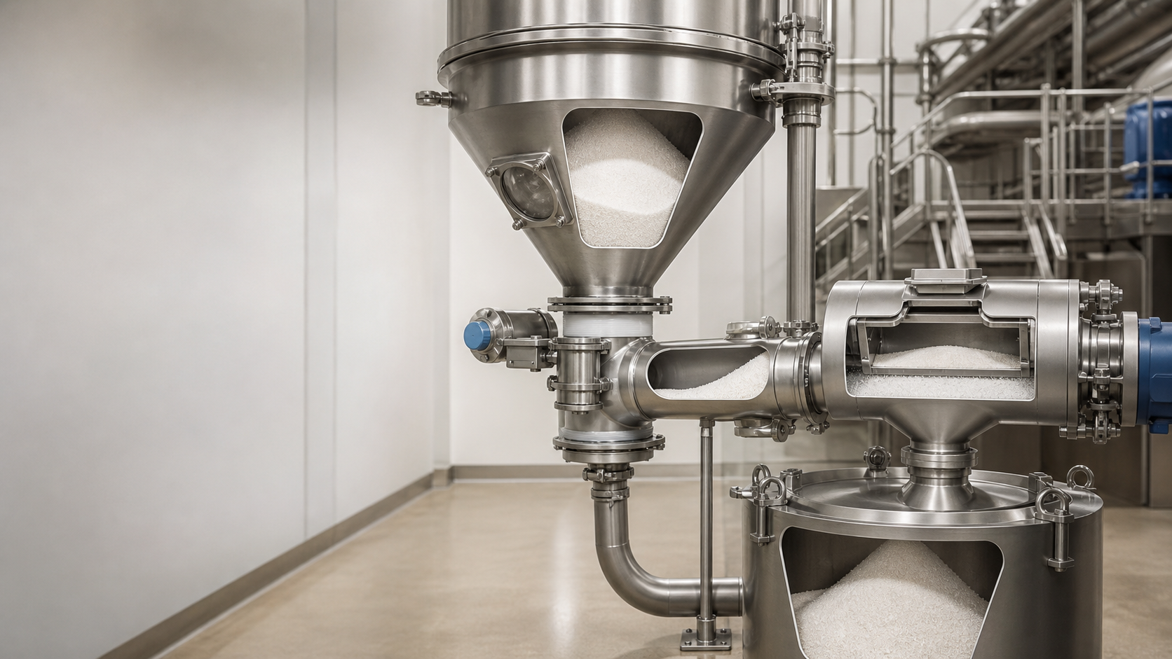 Editorial illustration of granulated sugar feeding from a hopper through enclosed handling equipment