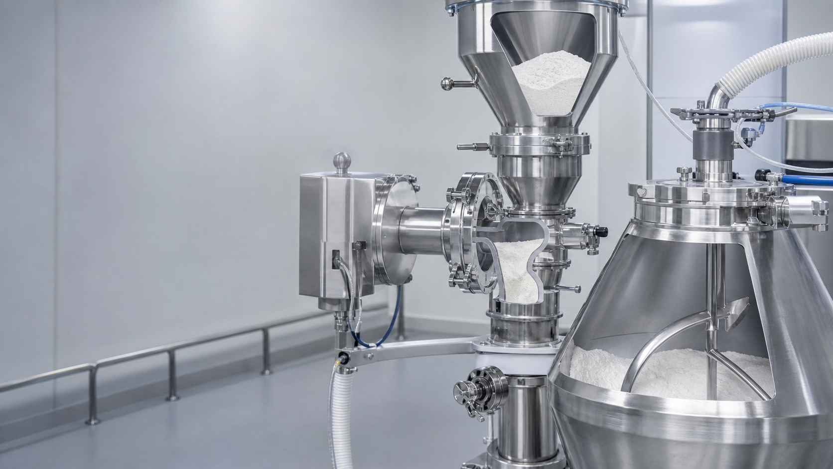 Editorial illustration of pharmaceutical powder feeding and mixing in enclosed stainless-steel process equipment