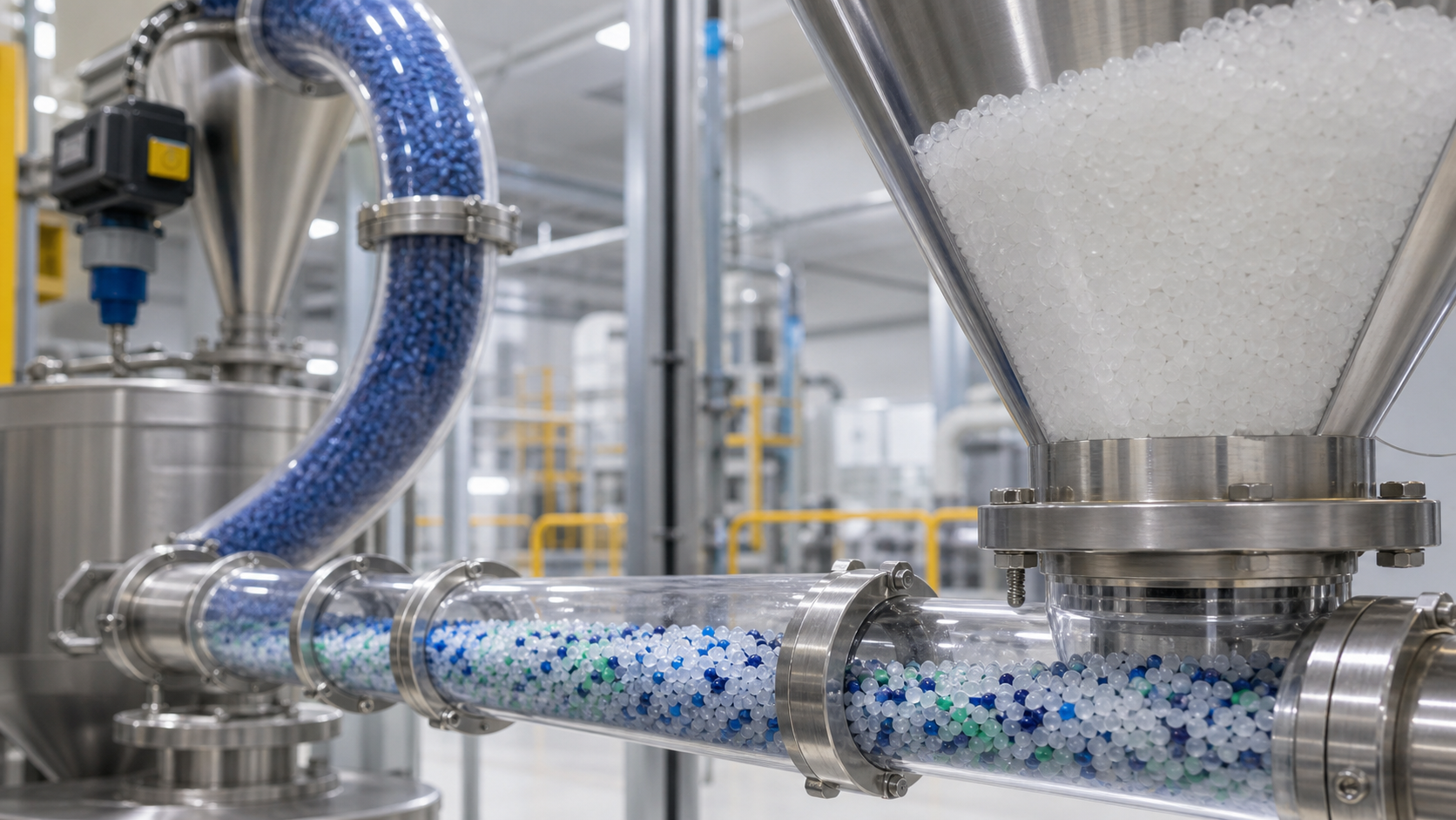 Editorial illustration of plastic pellets and resins moving through enclosed process conveying equipment
