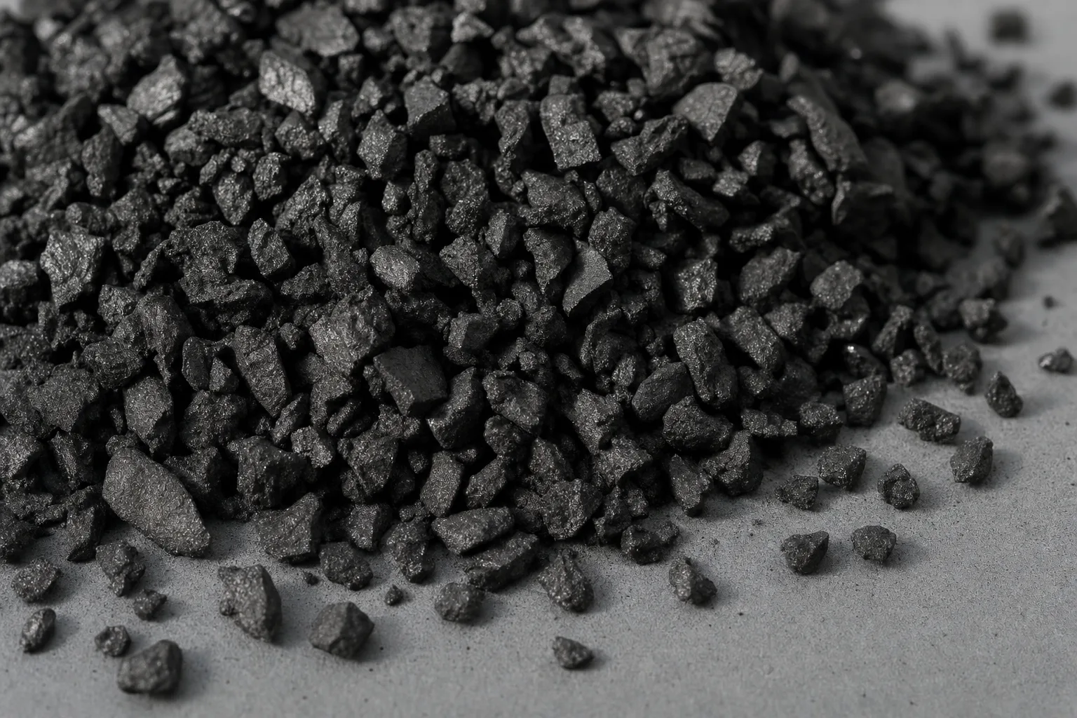 Close-up of activated carbon, showing particle size and texture.