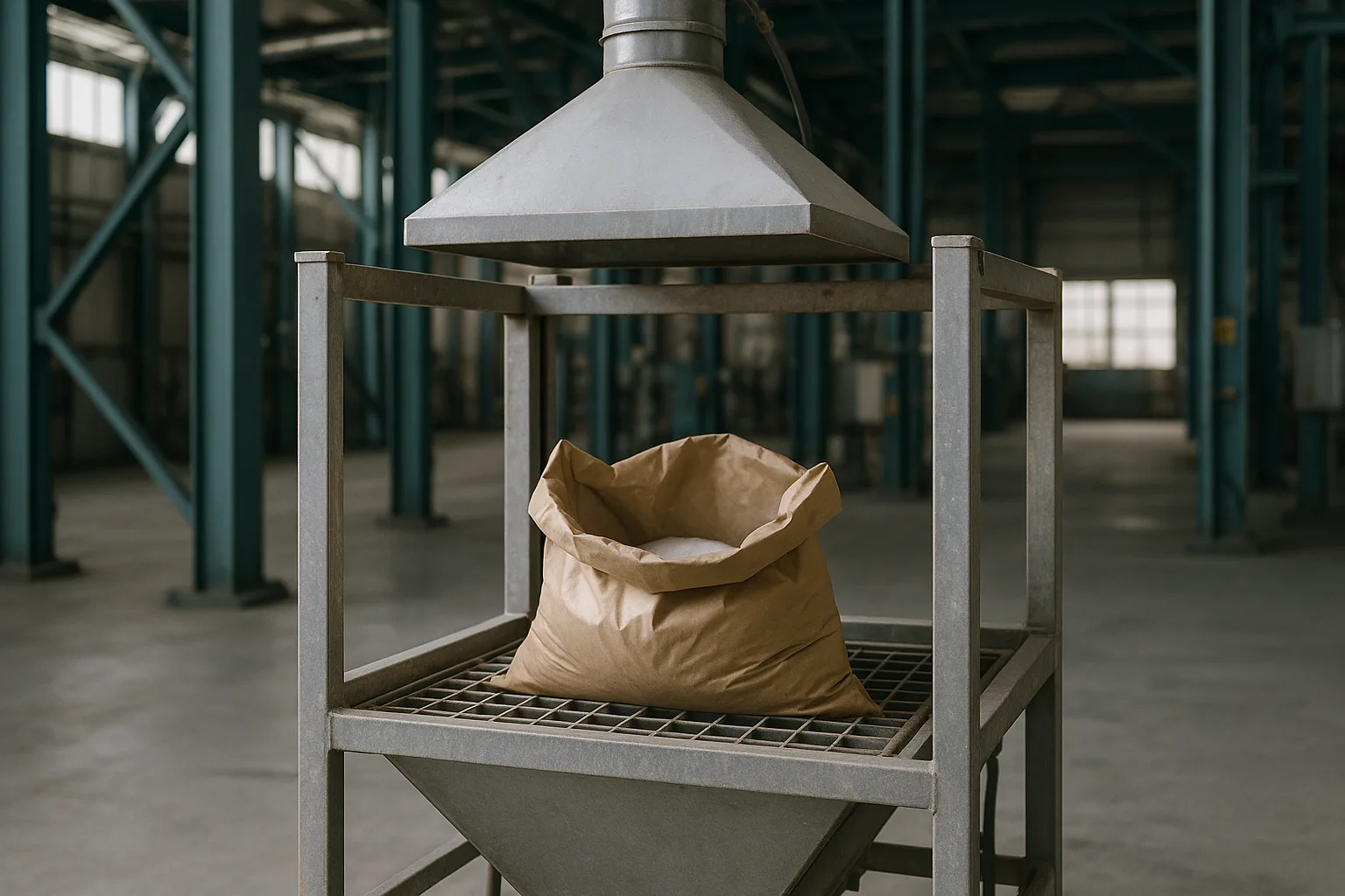 A sack tip station with one open sack on the grid and the extraction hood above it.