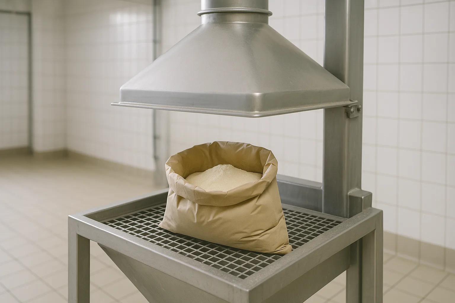A sack tip station with one open sack on the grid and the extraction hood above it.