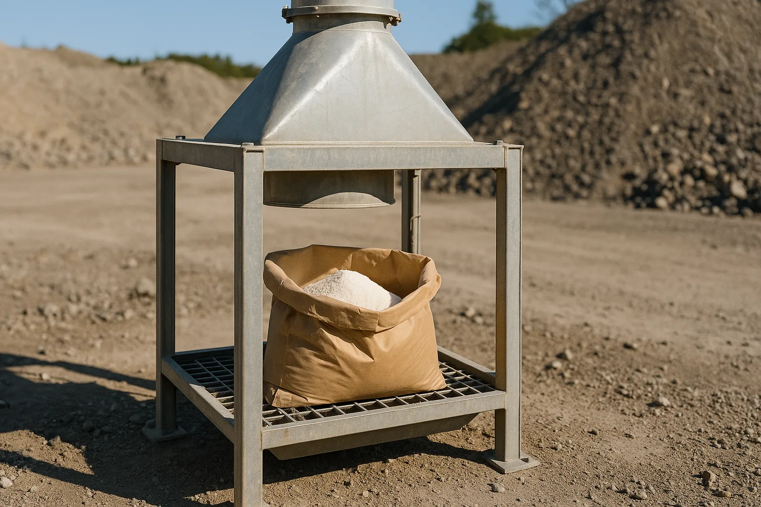 A sack tip station with one open sack on the grid and the extraction hood above it.