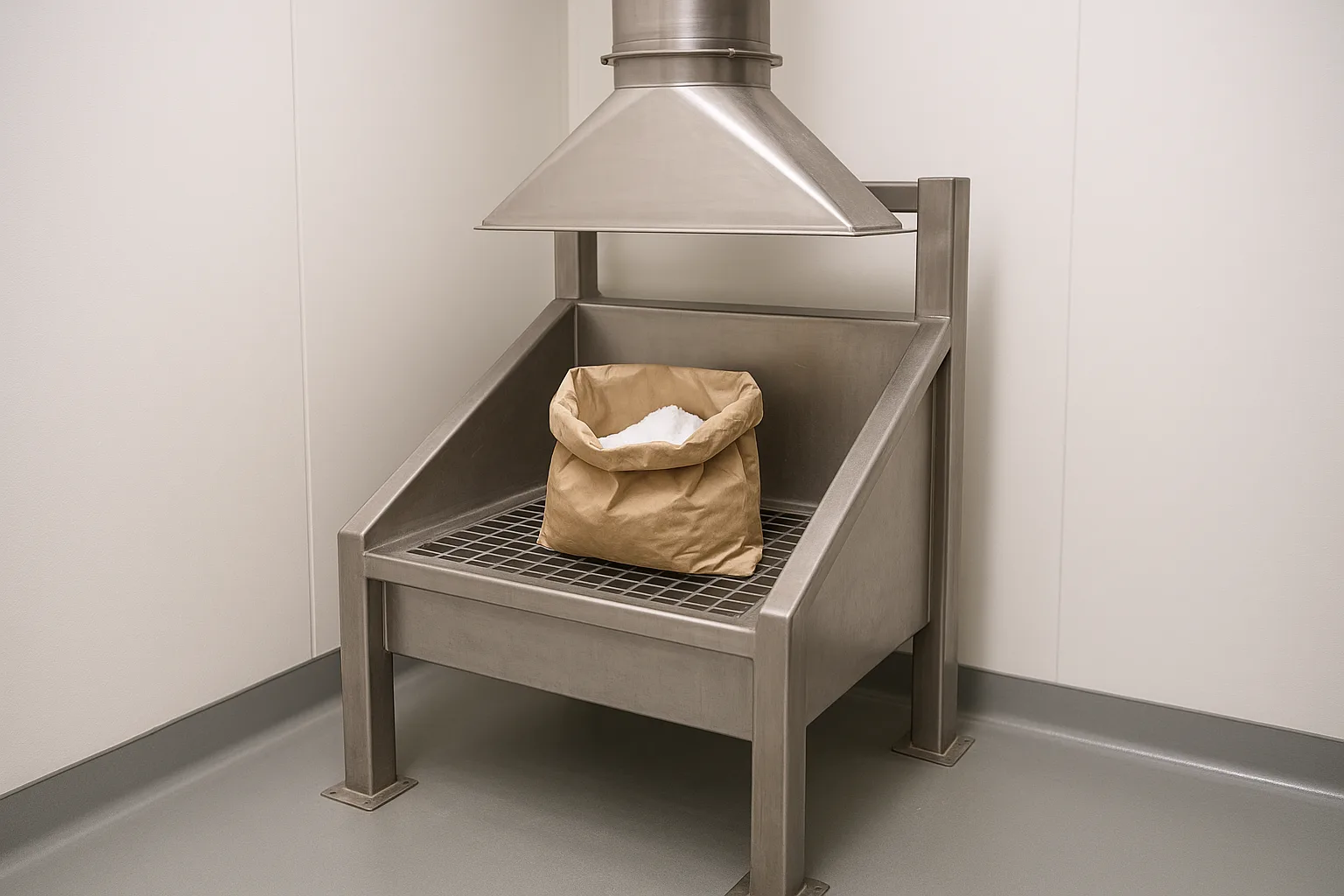 A sack tip station with one open sack on the grid and the extraction hood above it.