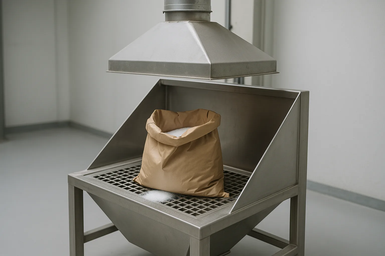 A sack tip station with one open sack on the grid and the extraction hood above it.