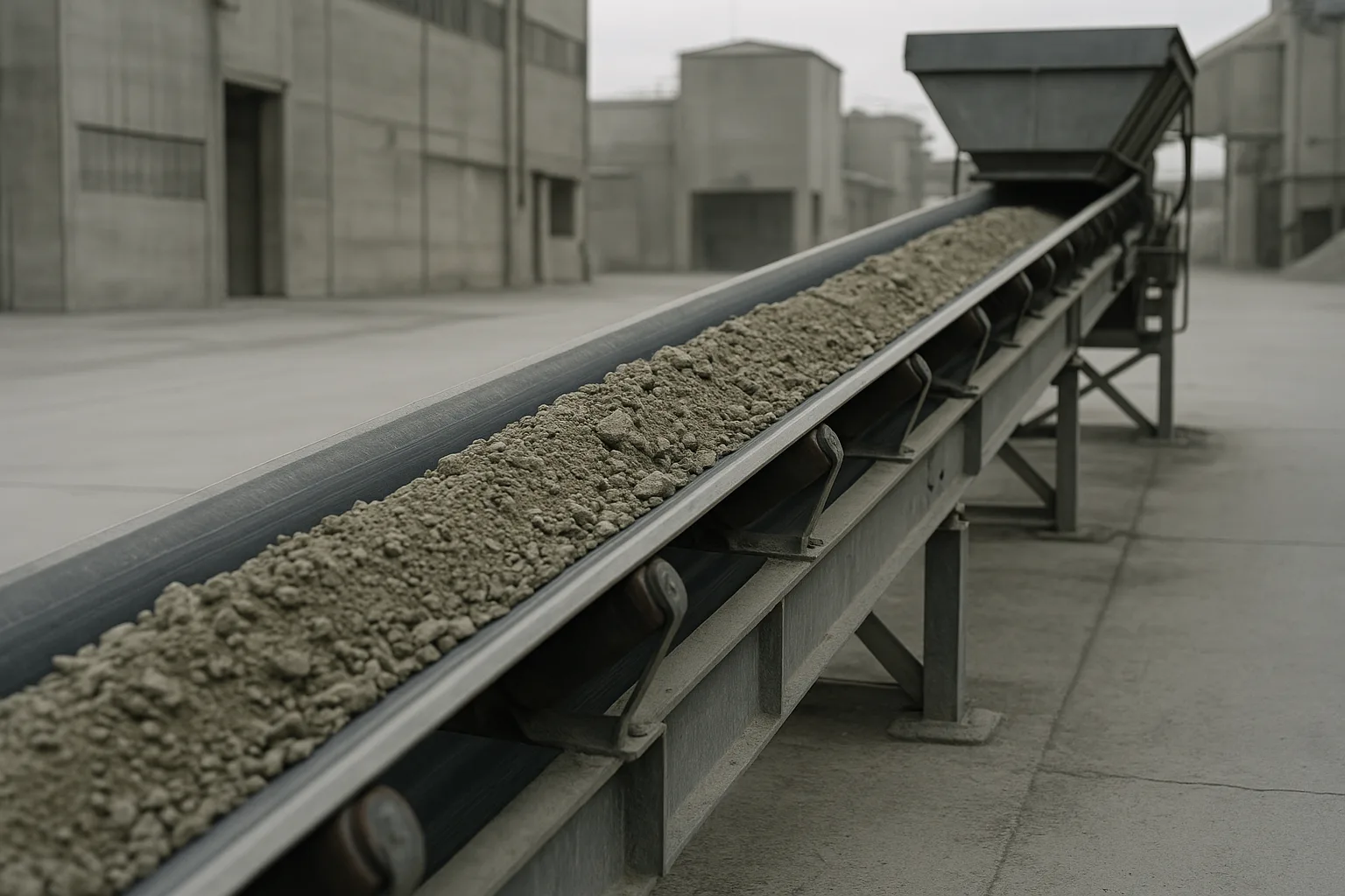 A long troughed belt conveyor carrying bulk material across open ground.