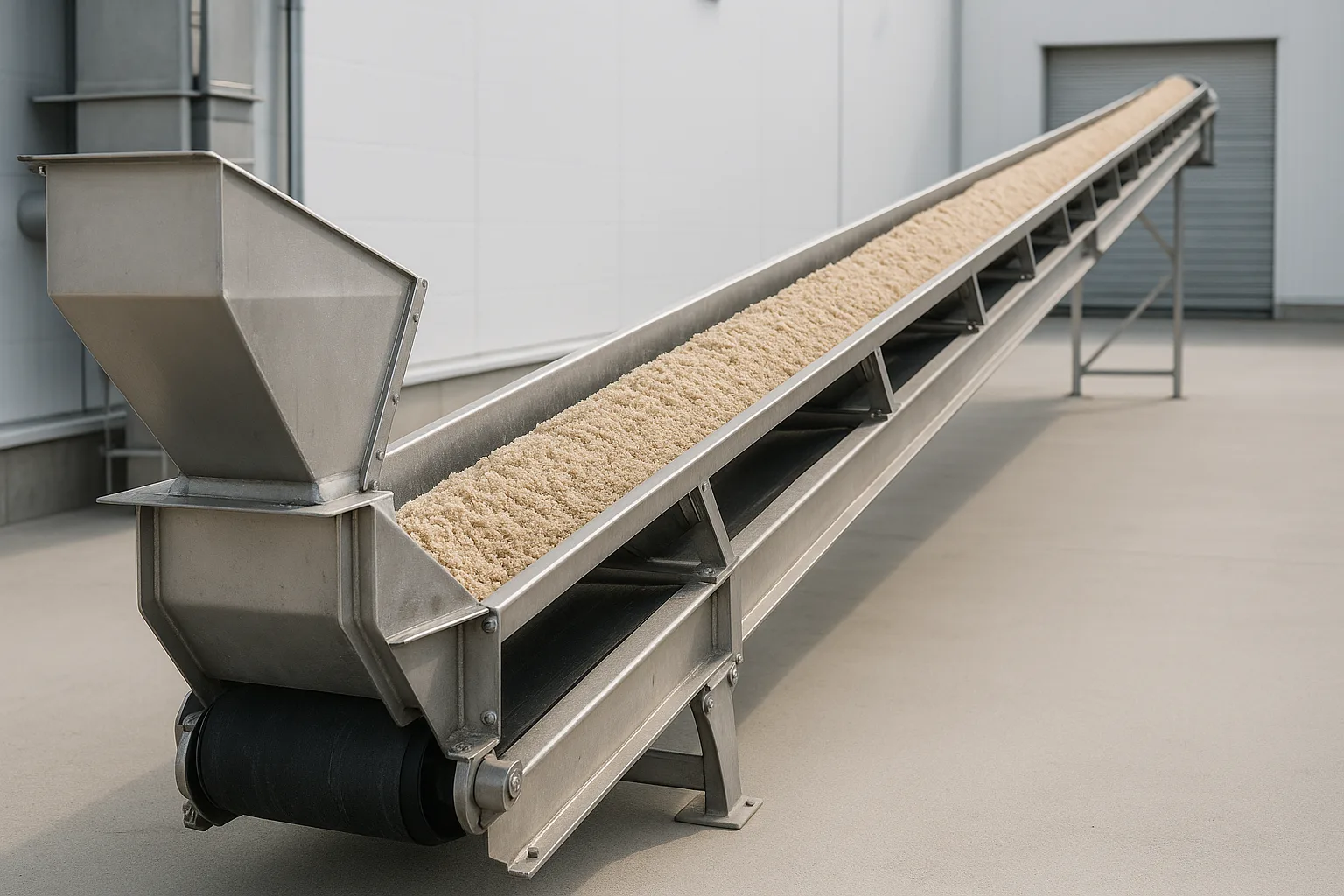 A long troughed belt conveyor carrying bulk material across open ground.