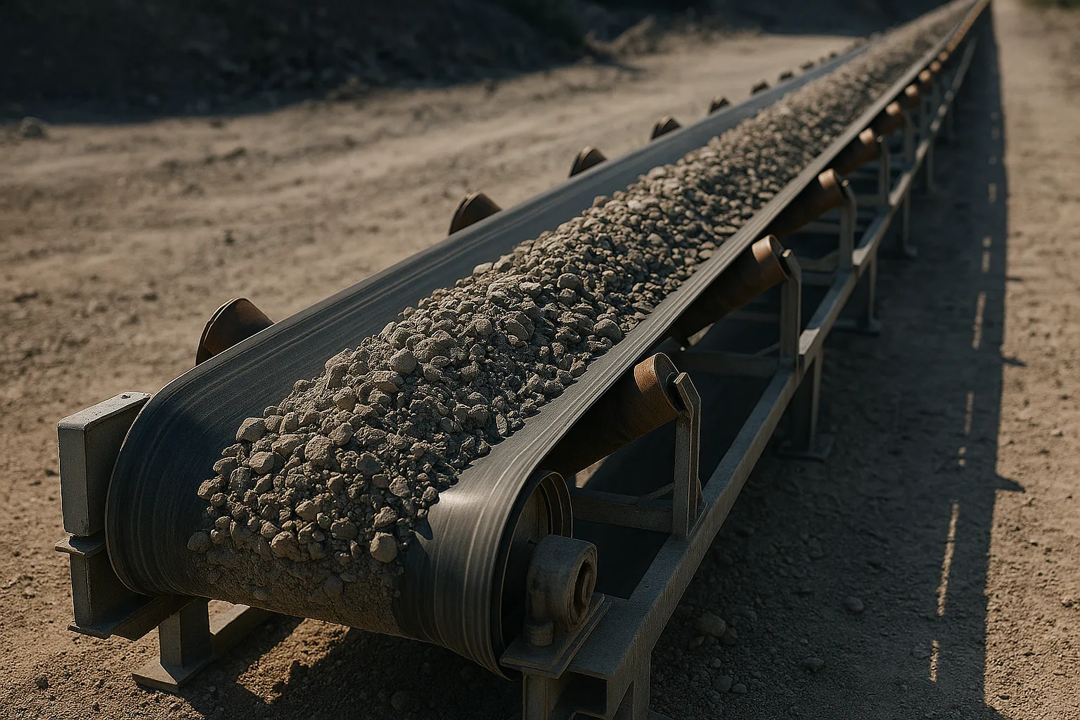 A long troughed belt conveyor carrying bulk material across open ground.