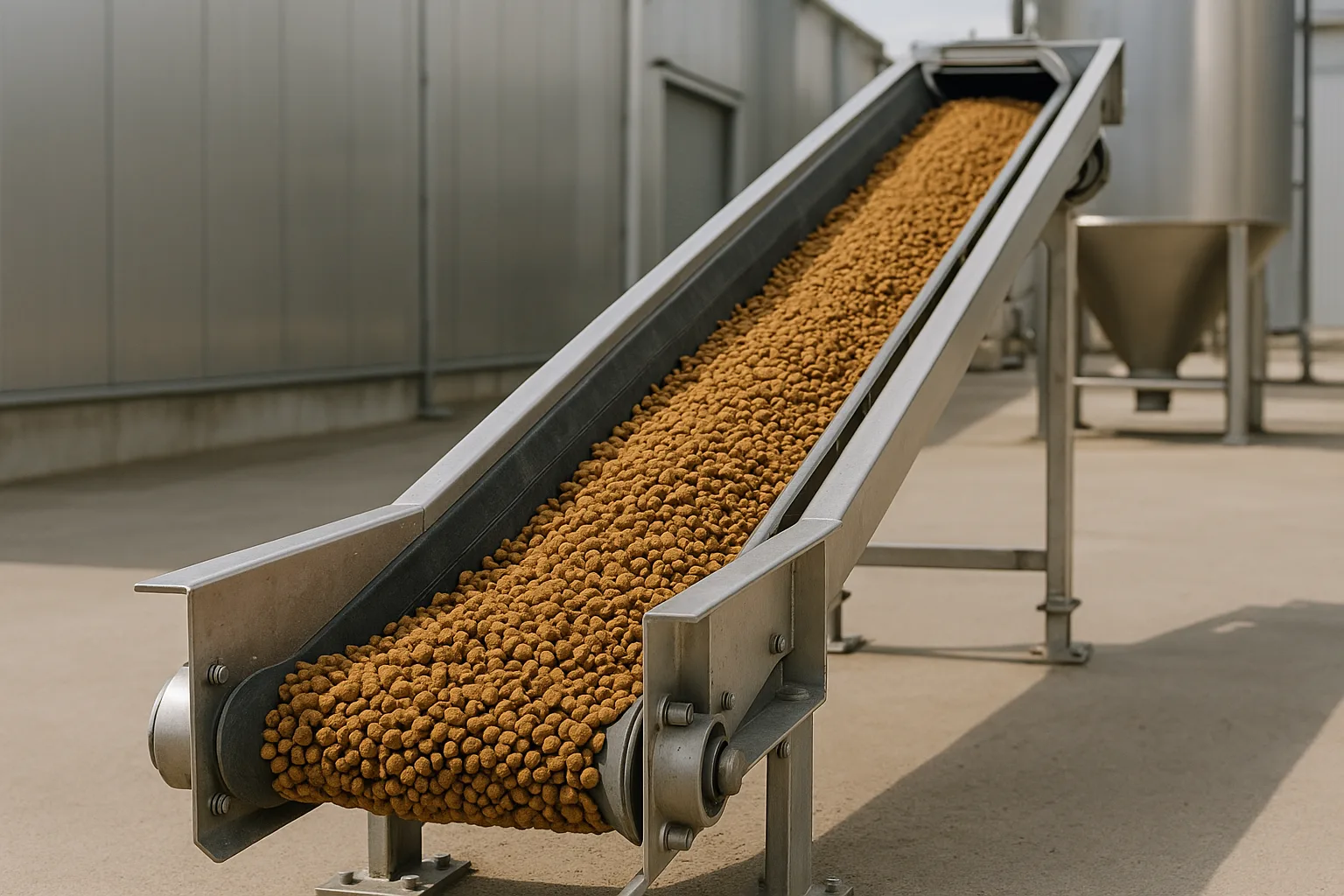 A long troughed belt conveyor carrying bulk material across open ground.