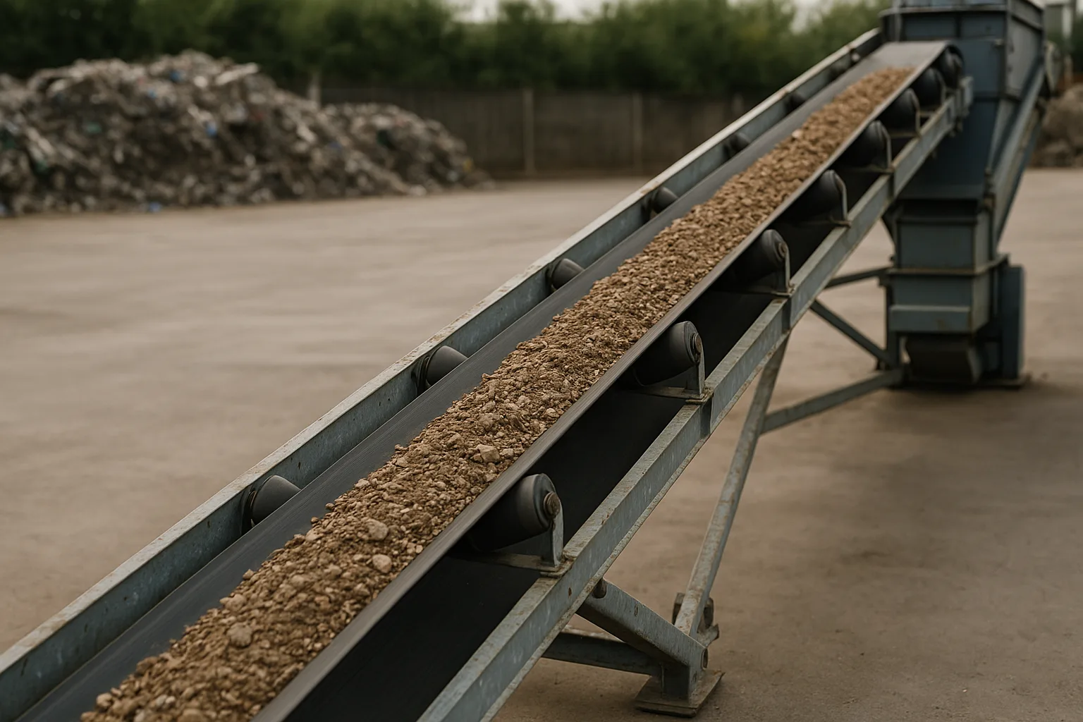 A long troughed belt conveyor carrying bulk material across open ground.