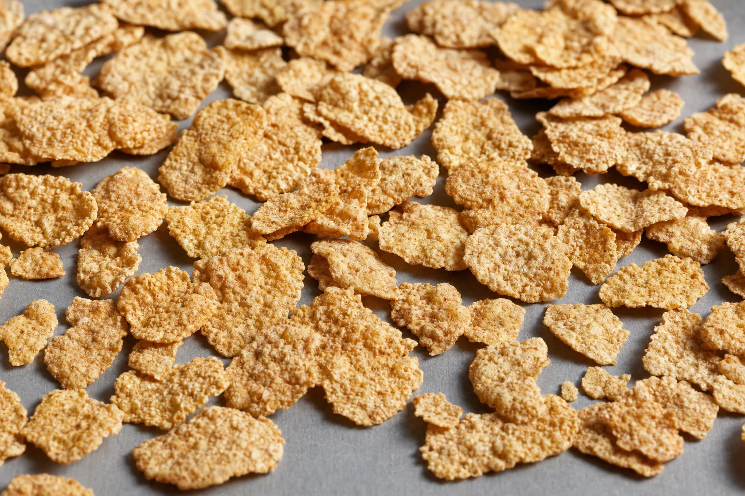 Close-up of breakfast cereal, showing particle size and texture.