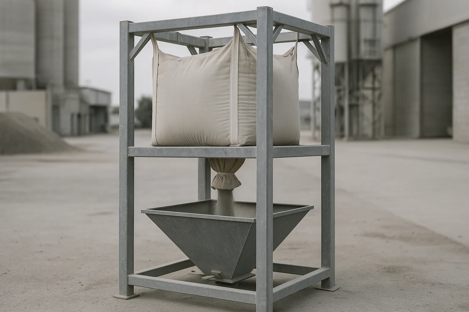 A single bulk bag suspended in a steel unloading frame, discharging through its spout into the hopper below.