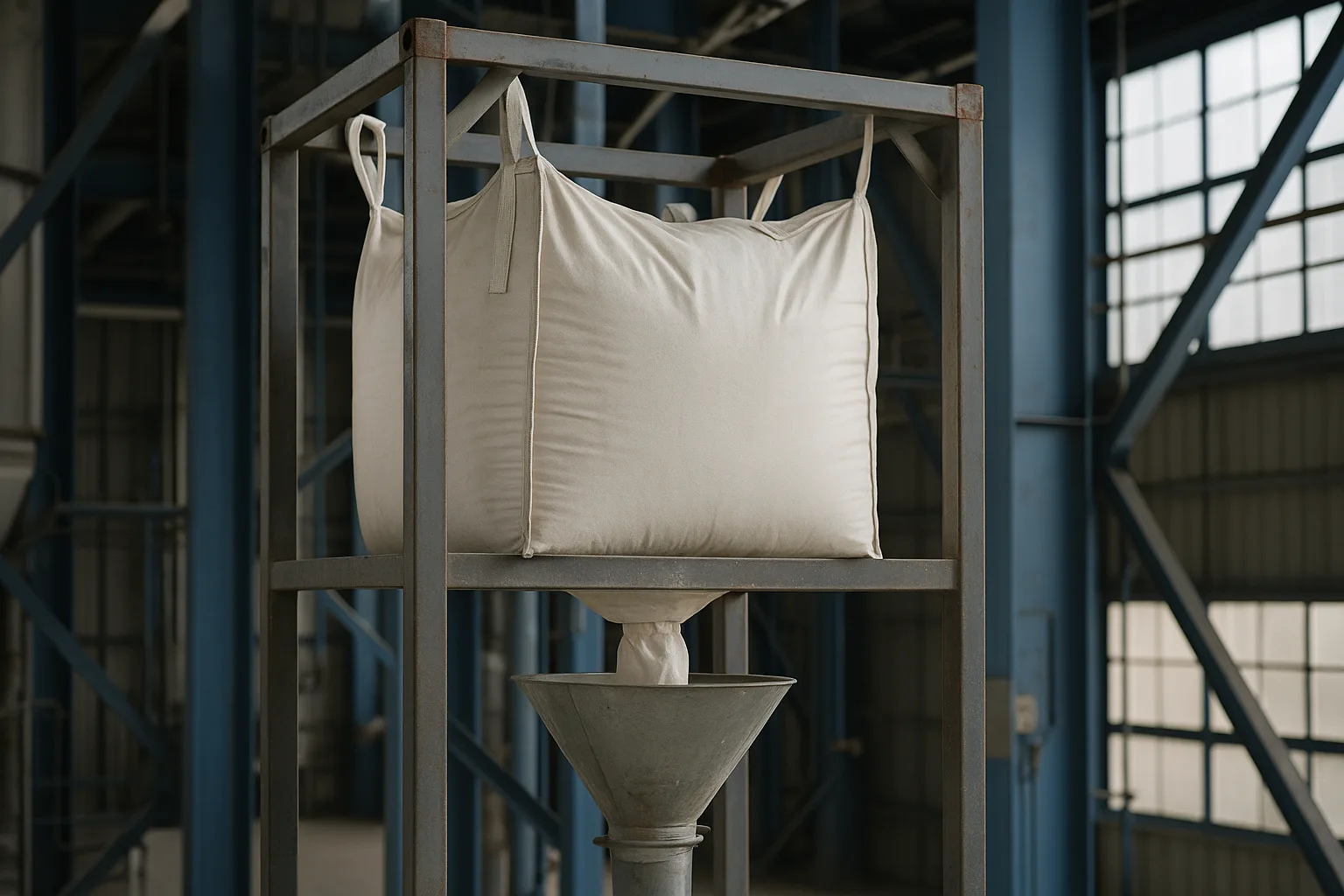 A single bulk bag suspended in a steel unloading frame, discharging through its spout into the hopper below.
