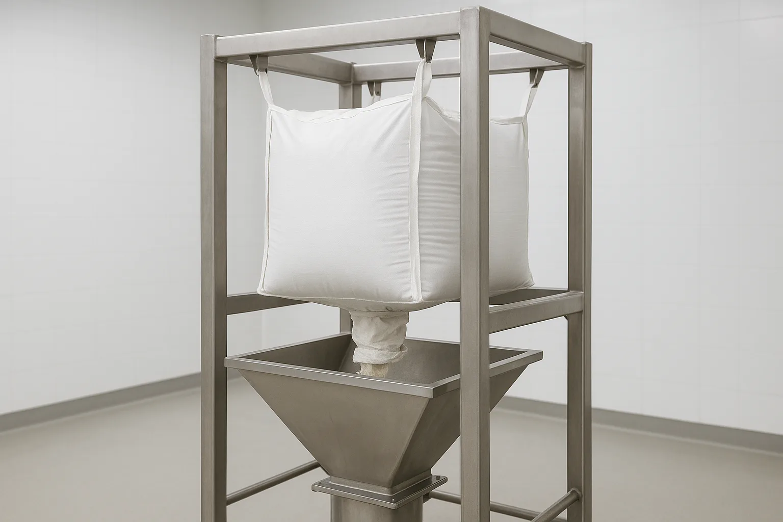 A single bulk bag suspended in a steel unloading frame, discharging through its spout into the hopper below.